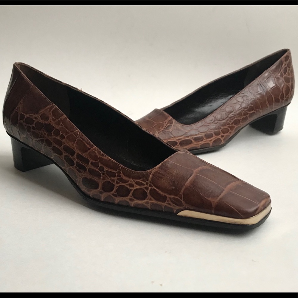 ESCADA SquareToe Low Heel Croc Print Leather Pumps
